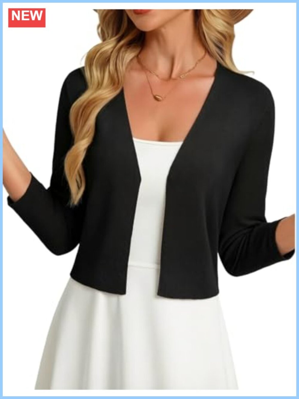 Cropped Open Front Cardigan Lightweight 3/4 Sleeve Shrug Layering Knit